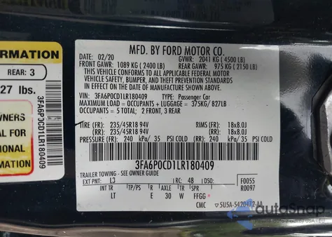 2020 Ford Fusion Sel z USA, uszkodzony, nr VIN 3FA6P0CD1LR180409